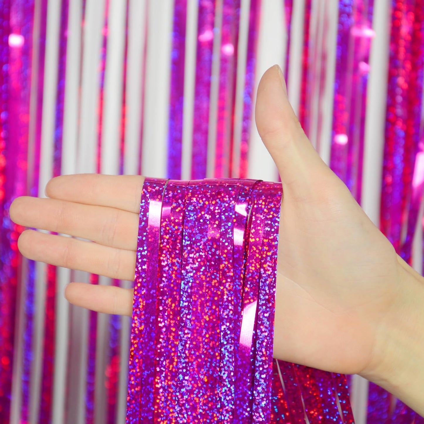 Melsan 2 Pack 3.2 ft x 8.2 ft Hot Pink Tinsel Foil Fringe Curtains Backdrop, Sparkle Foil Tinsel Curtains for Party Picture Area Decoration, Rose Red