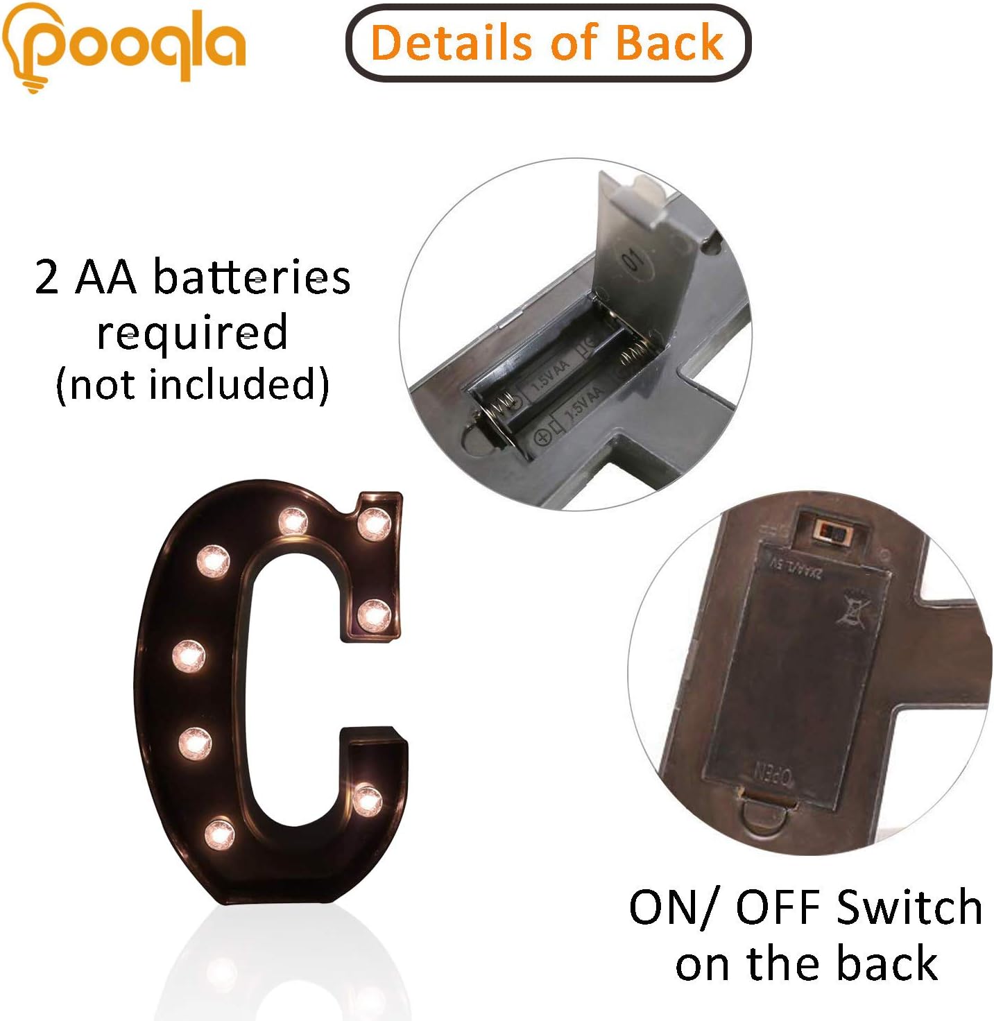 Pooqla Decorative LEDs Illuminated Letter Marquee Sign - Alphabet Marquee Letters with Lights for Wedding Birthday Party Christmas Night Lights Lamp Home Bar Decoration C, Black