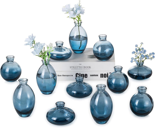Hewory Glass Bud Vases for Centerpieces: Set of 12 Cute Blue Small Vases Handmade, Mini Flower Vase for Floral Arrangement, Tiny Decorations for Home Office Wedding Reception Party Events Table Decor