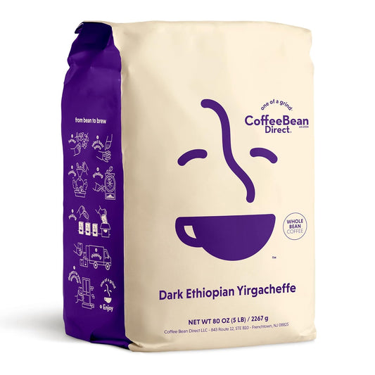 Coffee Bean Direct Dark Ethiopian Yirgacheffe, Whole Bean Coffee, Dark Roast, 5 Pound Bag (Pack of 1)