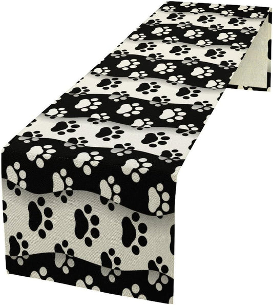 Dog Paw Table Runner,Kid Cute Animal Footprint Black White Theme Design Print Tablecloth Burlap for Hotel Indoors Outdoor Dining Room Kitchen Home Decor,W13X L90 in