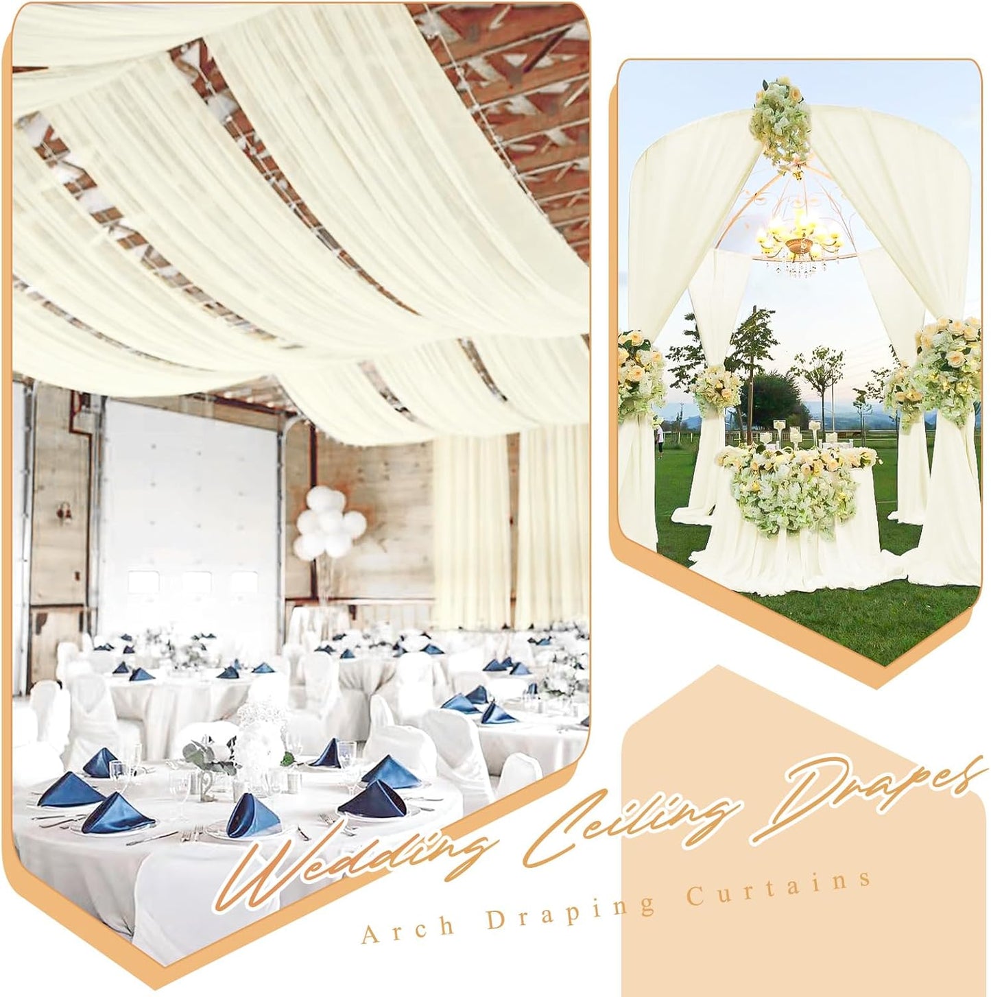 4 Panels Ivory Ceiling Drapes for Wedding 5ftx30ft Sheer Drapery Chiffon Fabric Arch Draping Curtains for Party Ceremony Birthday Baby Shower Reception Stage Ceiling Decorations