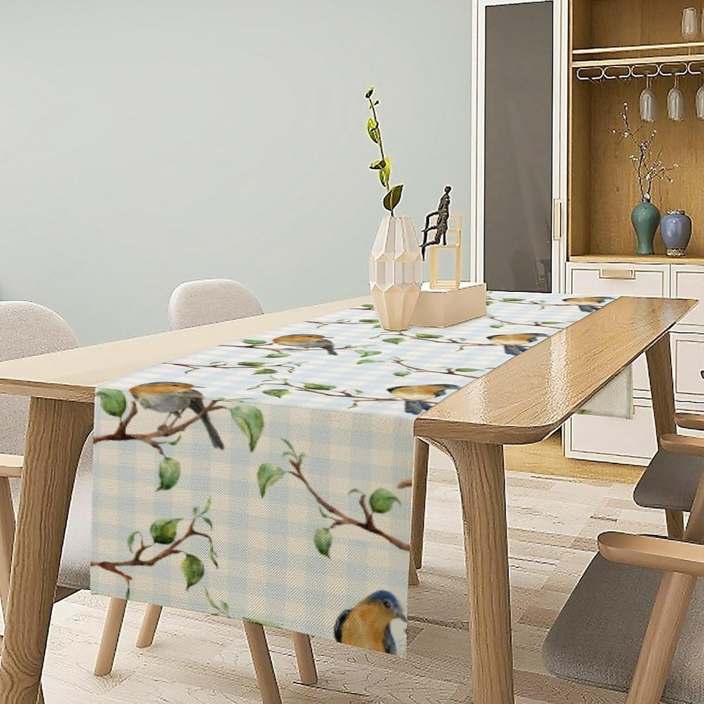 Bird Table Runner,Spring Birds Tree Blue Plaid Print Table Runner for Kitchen Dining Table Decoration Home Party Decor 13x90 Inch