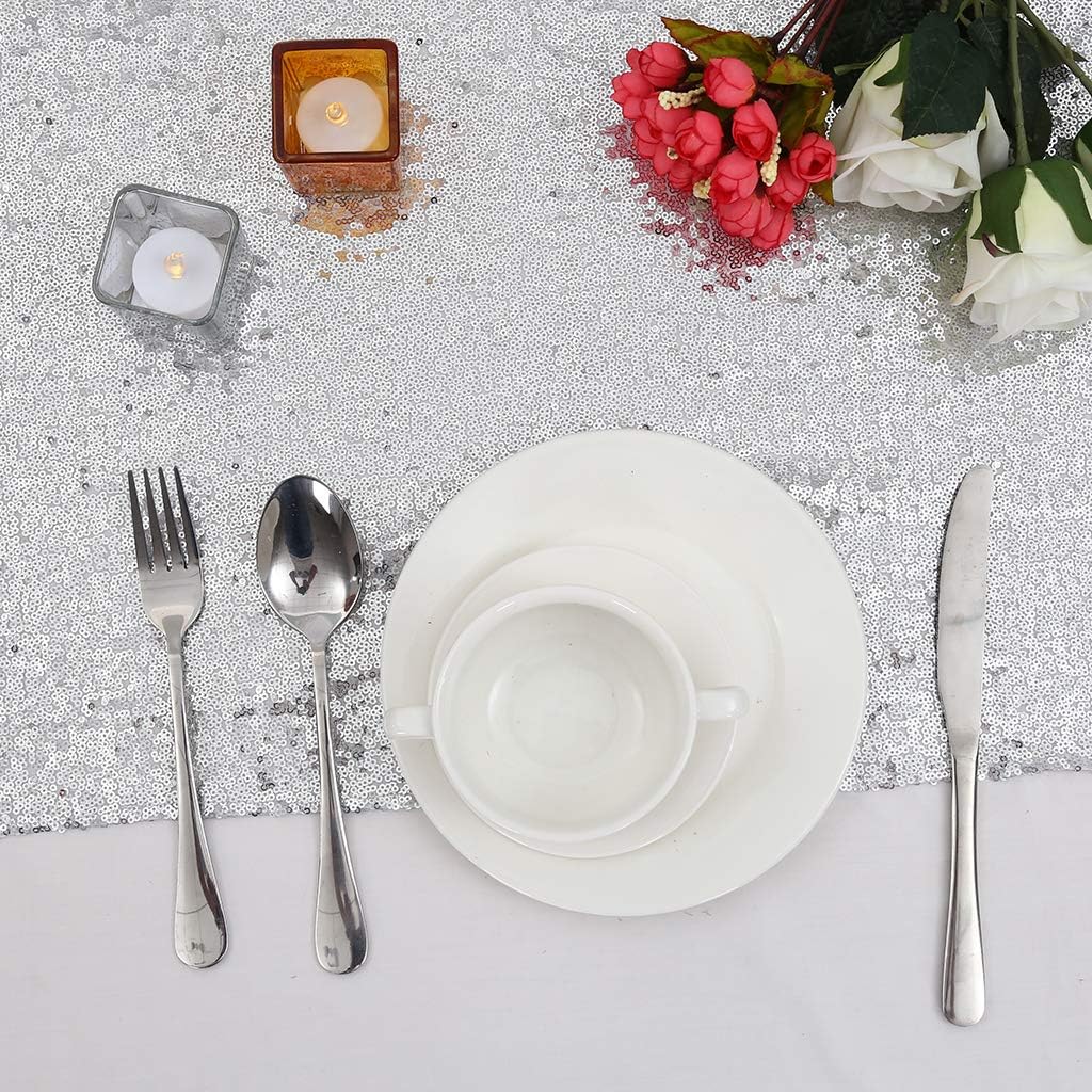 Eternal Beauty Silver Table Runner for Wedding, 5PCS-12x72 Sequin Table Runner Decorations for Birthday Parties, Banquets, Graduations,Christmas