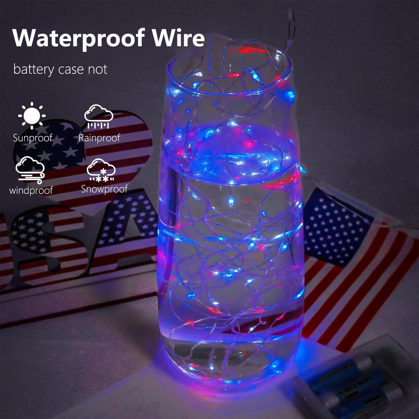 Christmas Fairy Lights Decorations, 4-Pack Red White and Blue Battery Operated Lights with Timer, Waterproof 16FT 50 LED String Light Indoor Outdoor for Xmas Tree Party Home Memorial Day DIY Decor