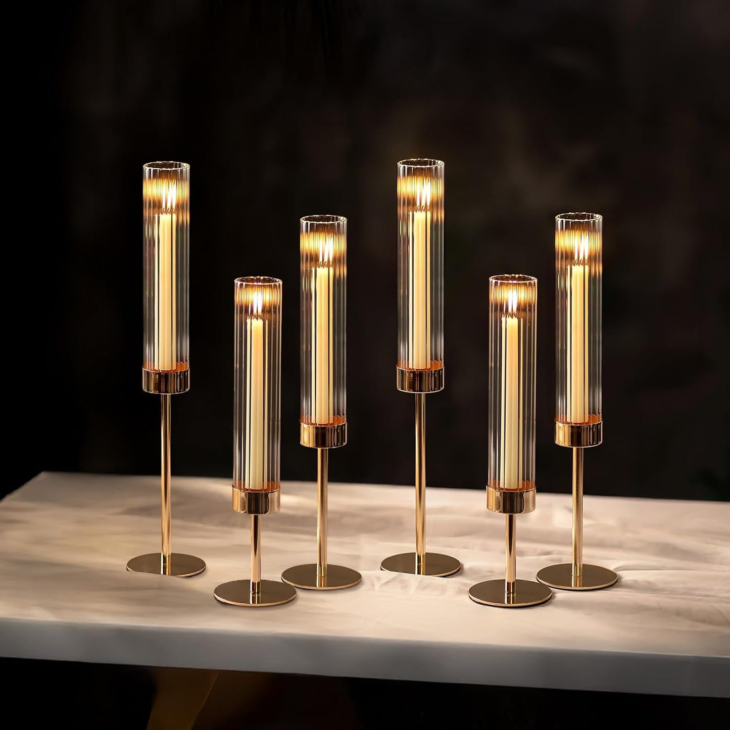 NUPTIO Hurricane Candle Holder for Centerpiece: Set of 6 Tall Candle Stick Holder with Ribbed Glass Cover - Bulk Fluted Taper Candlestick Decor for Living Room Thanksgiving Christmas