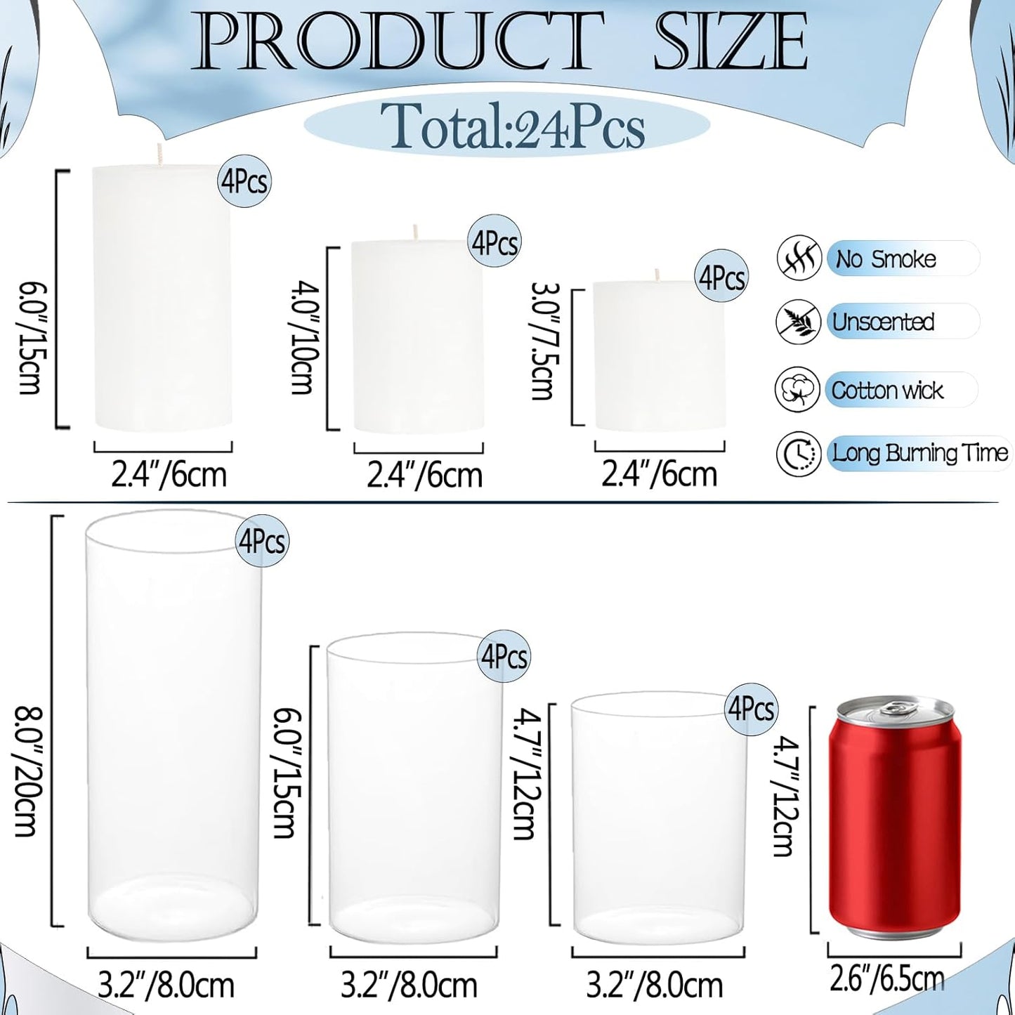 UDU 24 Pcs White Pillar Candles and Glass Cylinder Vases, Hurricane Pillar Candle Holder Vases for Wedding Centerpieces Table Party Home Decor(3.2" X 4.7", 6", 8")