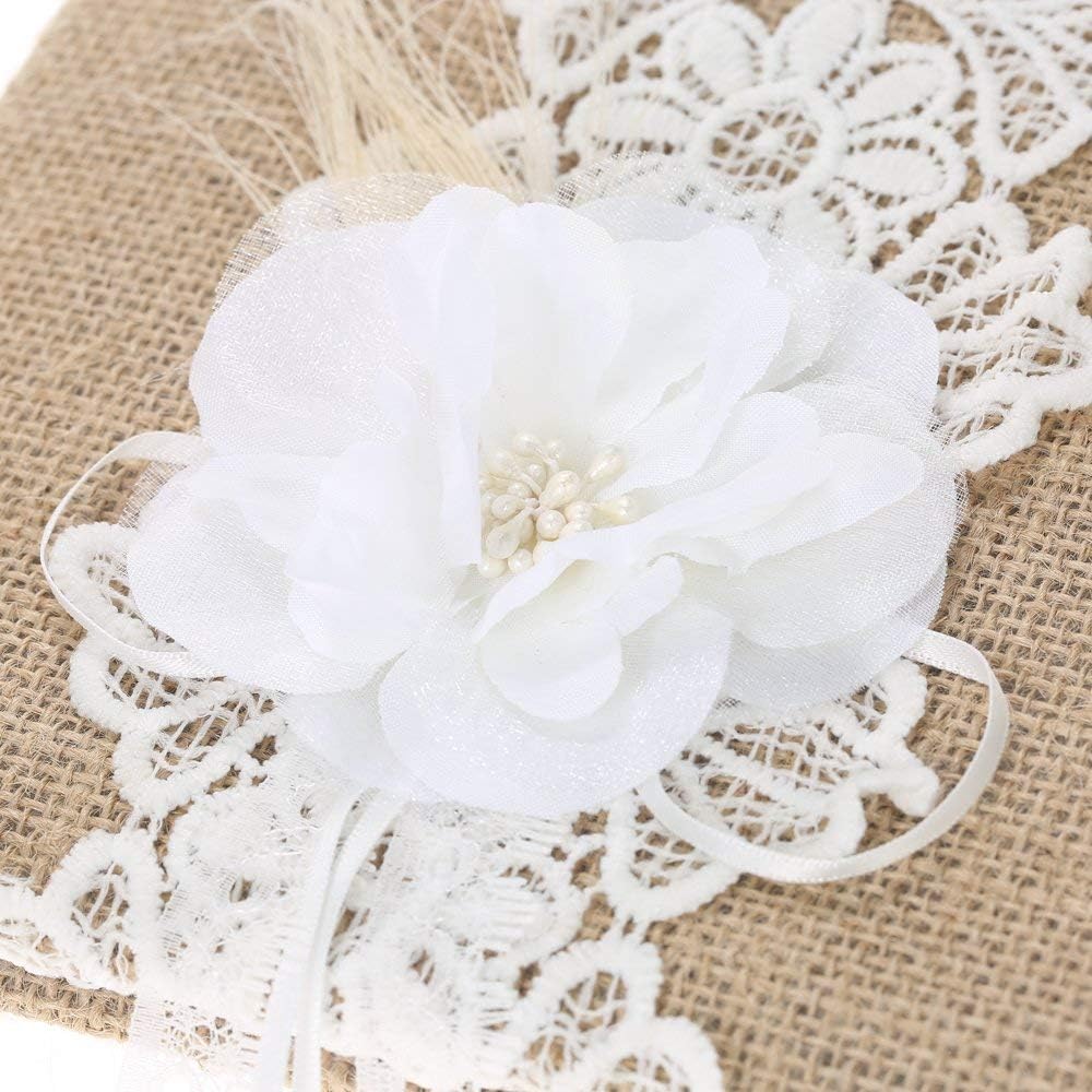 Fbest 4pcs/Set Vintage Rustic Burlap Wedding Supplies Flower Girl Basket + Ring Bearer Pillow + Guest Book + Pen Holder Set