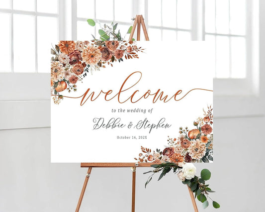 Personalized Wedding Welcome Sign, Autumn Terracotta Boho Wedding Sign Signage 12" X 18" (Small), 27" (Medium), 36" (Large), Plastic, Modern, Pole Mount, Weather