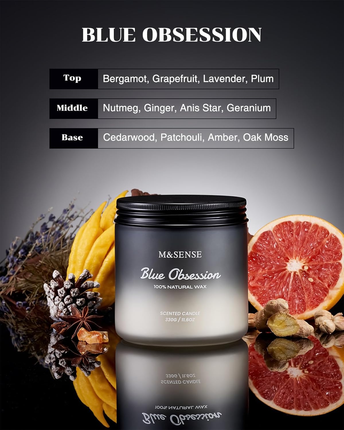 M&SENSE Amber Lavender Scented Candle for Men, 11.6oz 2 Wick Large Natural Soy Wax 70 Hours Highly Scented Home Fragrance