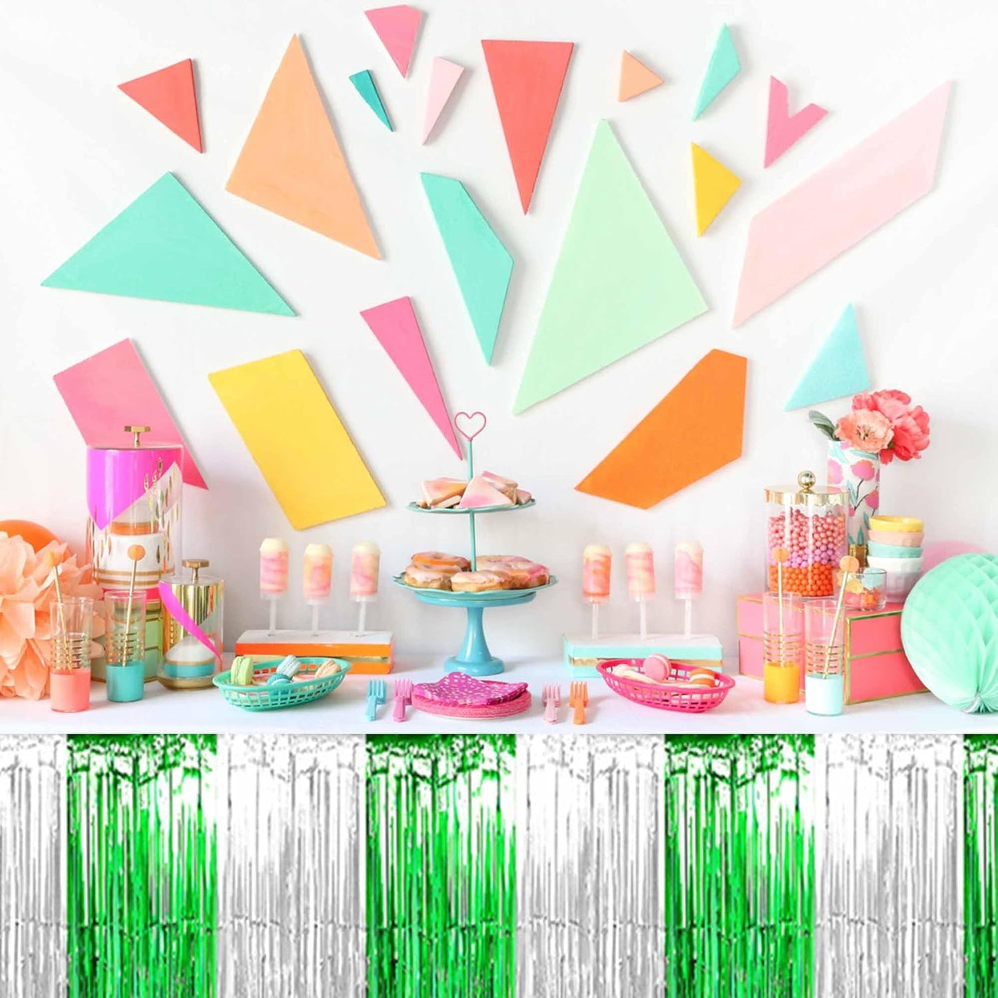 3 Pack Silver Green Foil Fringe Table Skirts Metallic Tinsel Streamers Garland Banner Backdrop for Table Decor, Parade Float, Birthday, Wedding, Halloween, Christmas Party Decorations(29x108 In)