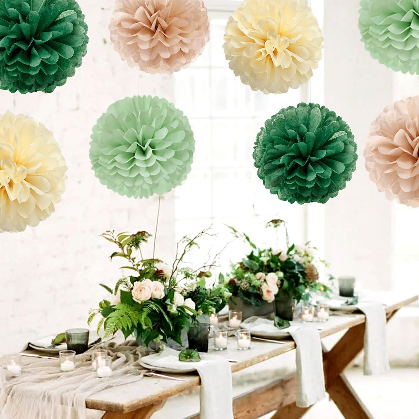 Olive-Sage Green Champagne-Gold Party Decorations - 23pcs Rustic Wedding Tissue Pom Poms Streamers, Boho Bachelorette Neutral Baby Shower Birthday Bridal Decor Ouruola