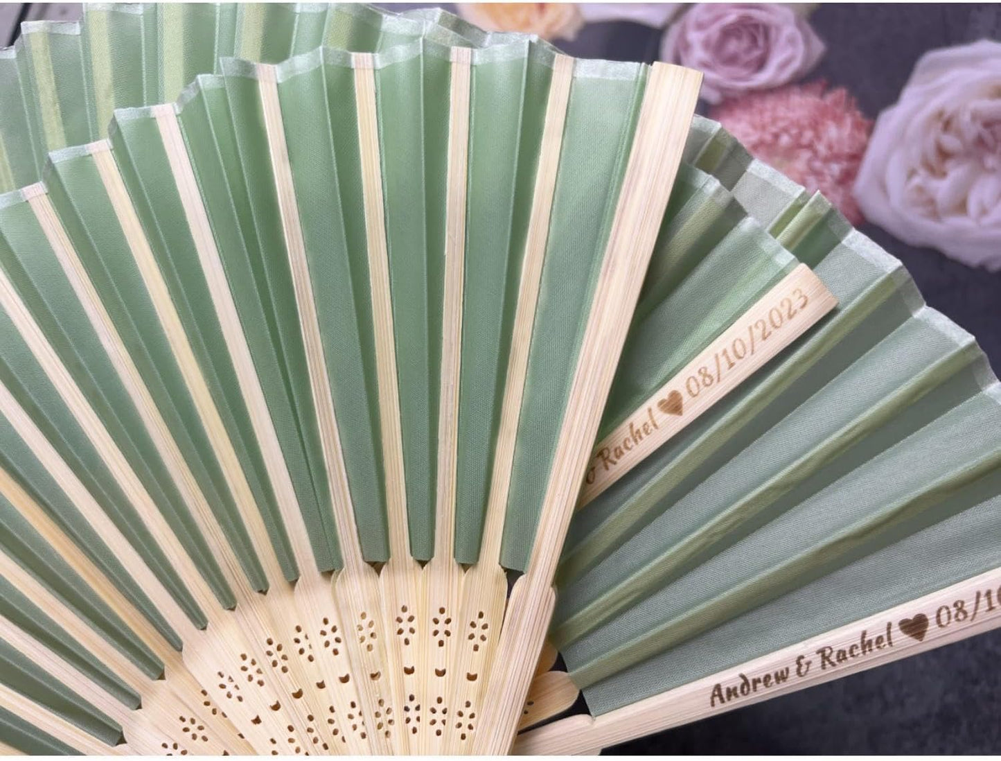 Personalized Wedding Fans Handheld Folding Fans (3Pcs) - Custom Engraved Green Silk Fans for Bridal Shower Favor/Baby Shower Favor, Birthdays Party Gifts/Gifts for Party Guests
