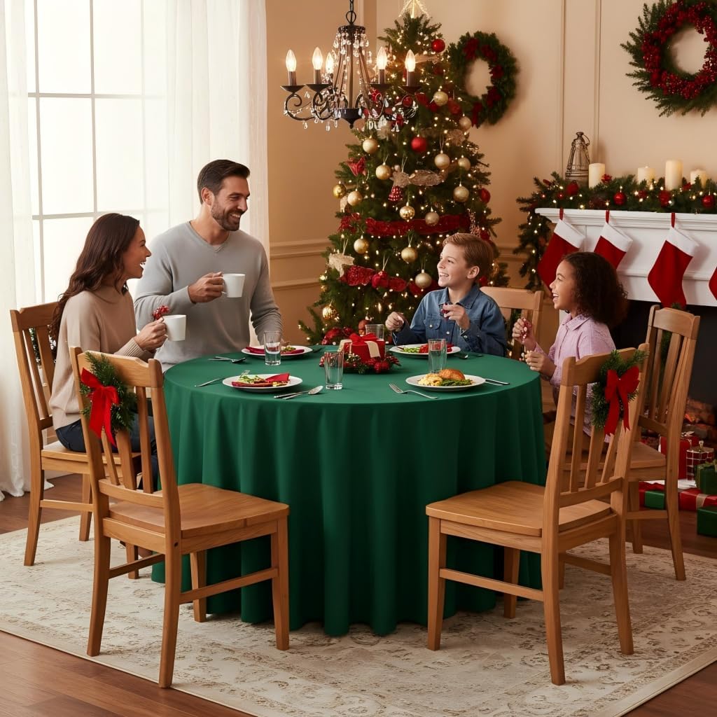 sancua Round Tablecloth - 120 Inch - Water Resistant Spill Proof Washable Polyester Table Cloth Decorative Fabric Table Cover for Dining Tables, Buffet Parties and Camping, Hunter Green