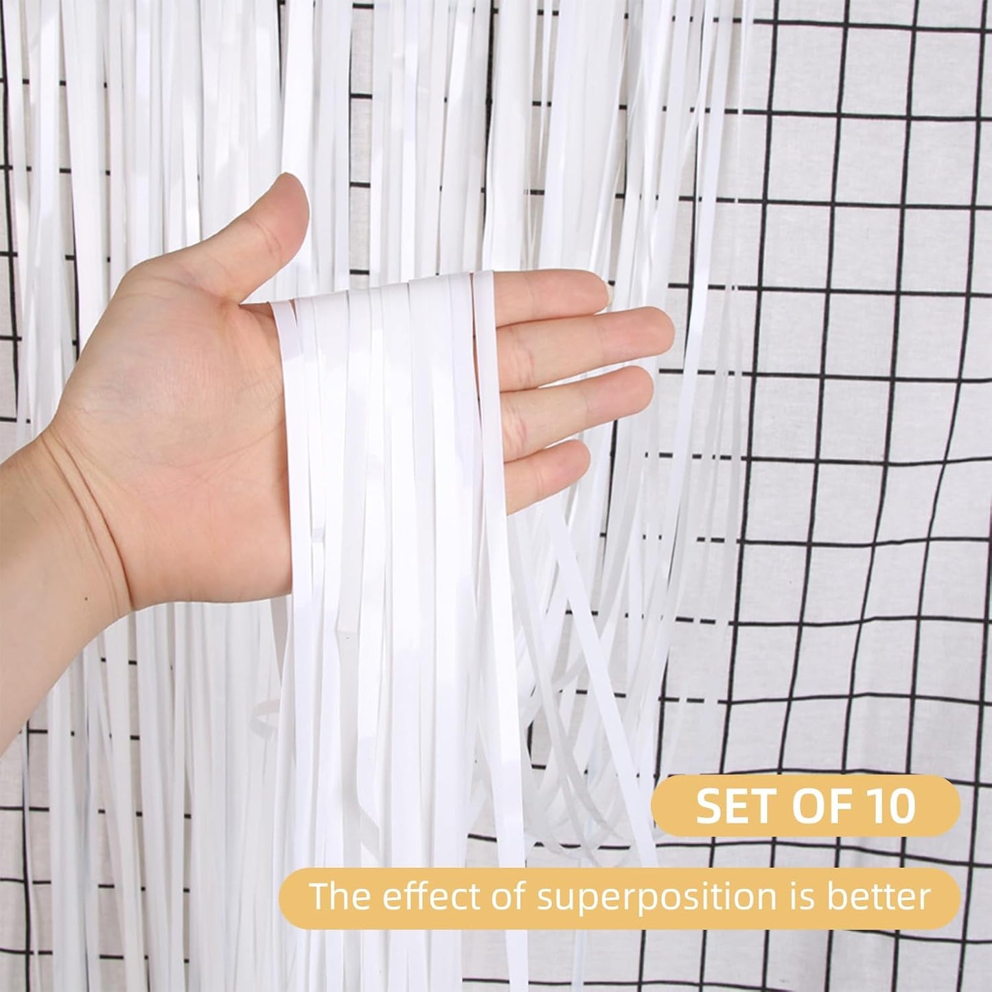 10 Pack White Backdrop Curtain 3.2ft x 8.2ft Metallic Tinsel Foil Fringe Curtains Photo Booth Background for Birthday Party Decoration Baby Shower Engagement Wedding Christmas Decoration (White)