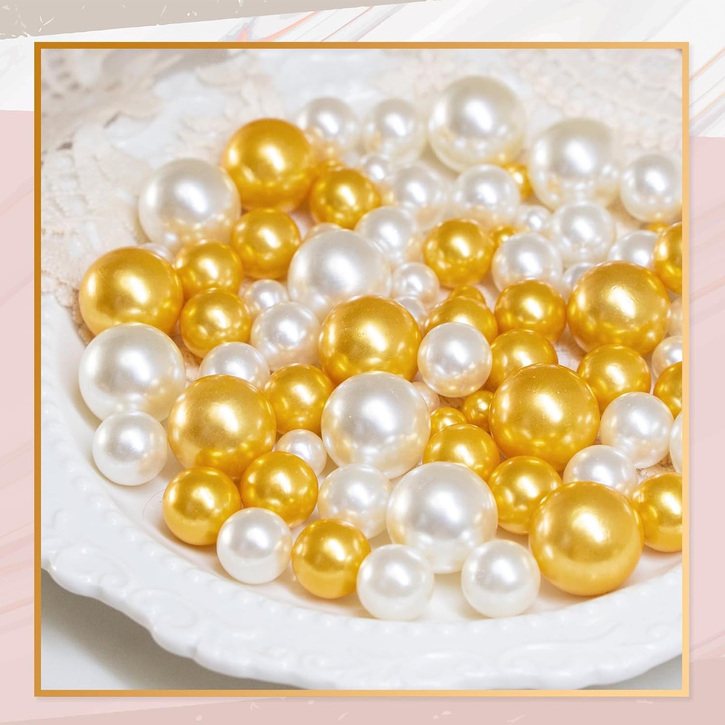 300Pcs Vase Filler Ivory and Golden Yellow No Hole Faux Pearl Beads for Vase Filling Decorations, Candle Centerpieces, Wedding Centerpieces, Home Party Decor (8/14/20mm)