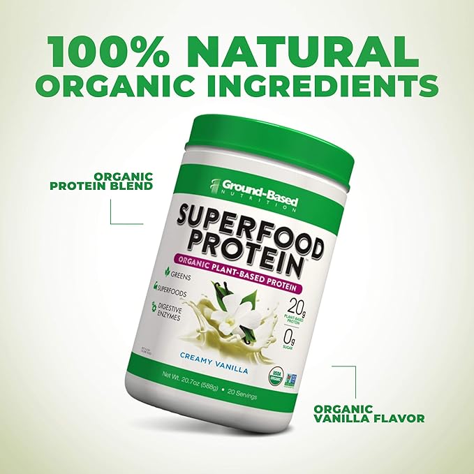 Ground-Based Nutrition Plant-Based Protein Superfood Powder - Vanilla Flavor - Vegan, Keto, Paleo Friendly - High Protein, Low Calorie, Gluten-Free - 20 Servings Creamy Vanilla