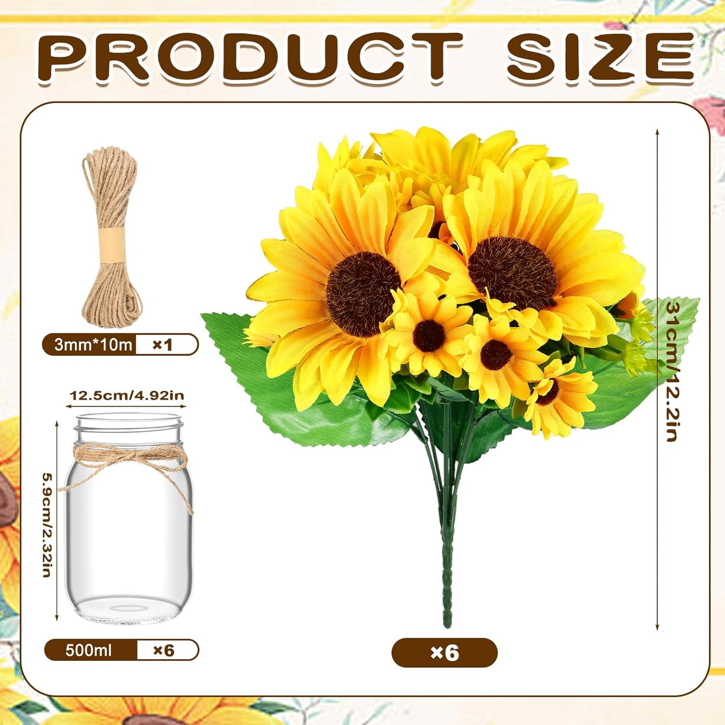 6 Set Centerpiece Table Decorations Mason Jar Table Centerpiece with Flower Mason Jar Wedding Centerpieces Vases Decor for Reception Engagement Party Bridal Shower (Sunflower)