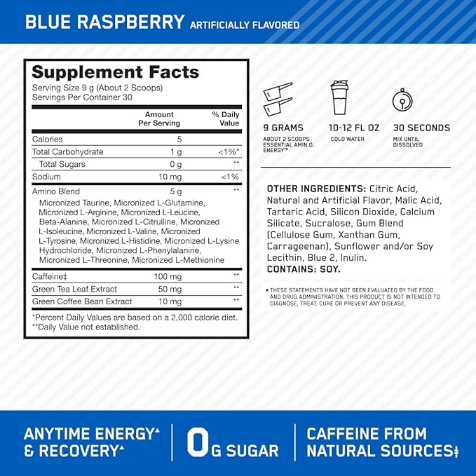 Optimum Nutrition Amino Energy - Pre Workout with Green Tea, BCAA, Amino Acids & Micronized Creatine Monohydrate Powder, Unflavored, Keto Friendly, 60 Serving