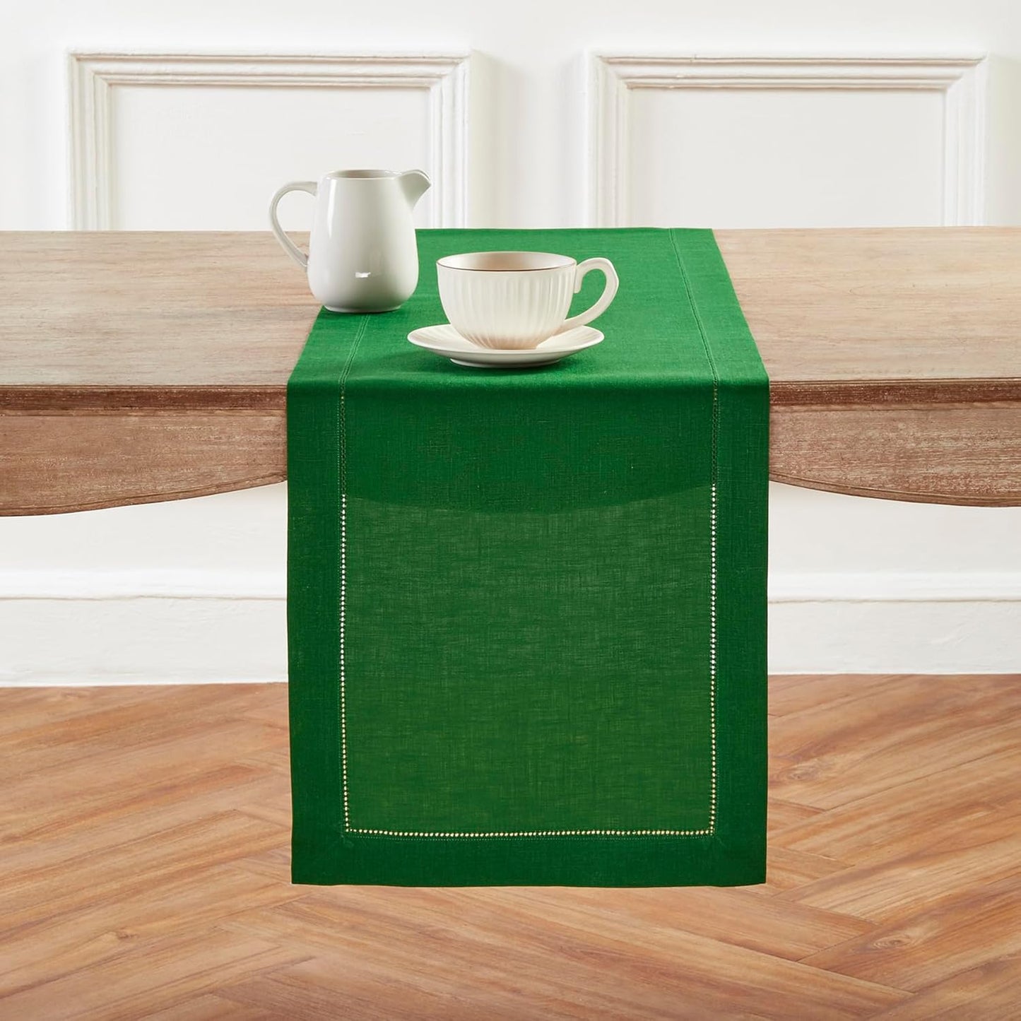 Solino Home Linen Table Runner 60 Inches - 100% Pure Linen Garden Green Hemstitch Table Runner 14 x 60 Inch Ideal for Dresser and Coffee Tables - Classic Hemstitch - Christmas