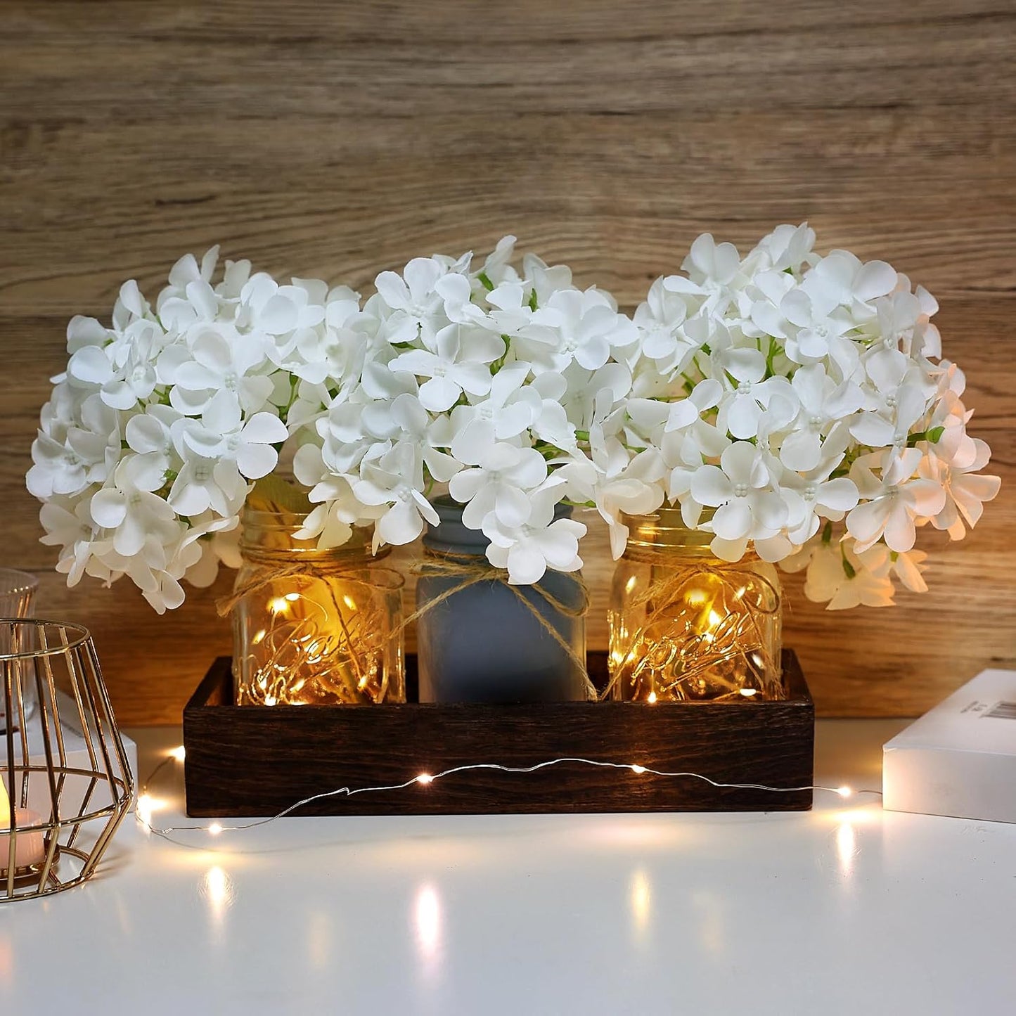 Mason Jar Lights Centerpiece Table Decor for Dining Room Farmhouse Coffee Table Decor with Wood Tray Fairy Lights Fake Hydrangea Flowers for Kitchen Living Dining Room - White