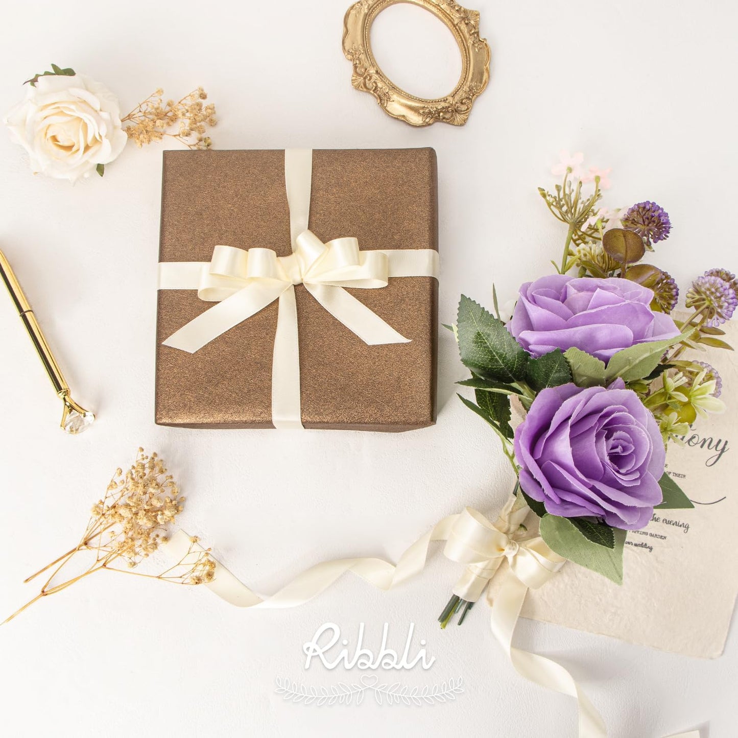 Ribbli Ivory Satin Ribbon 5/8 inch x Continuous 25 Yards,Double Faced Satin Use for Craft, Gift Wrapping, Christmas Ornaments, Hair Bows, Bouquet Bows