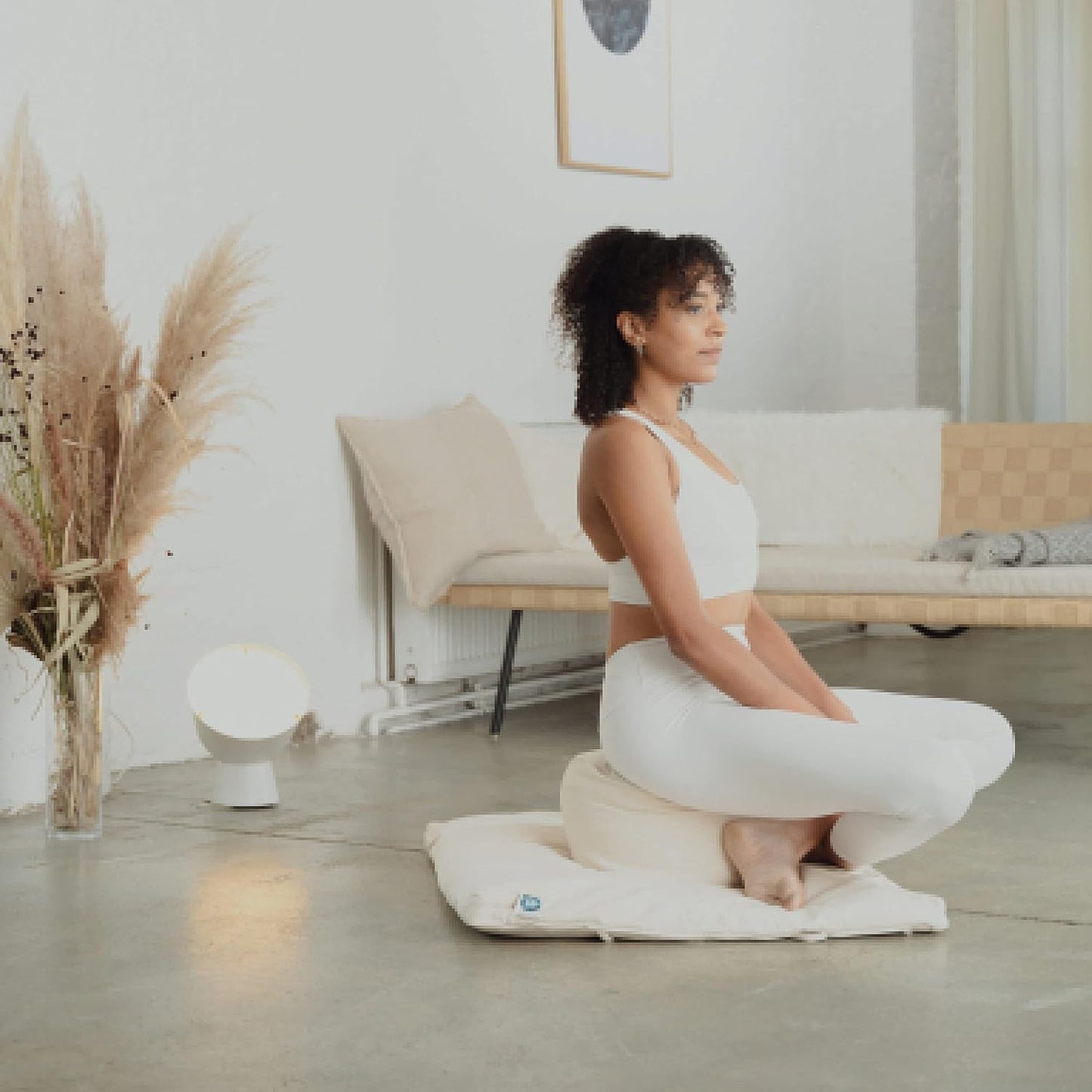 (Height 6.5") Round Zafu Yoga Bolster for Gymnastics & Meditation Made in the EU - Light Beige 100% Natural Cotton Yoga Meditation Buckwheat Meditation Cushion with Washable Covers