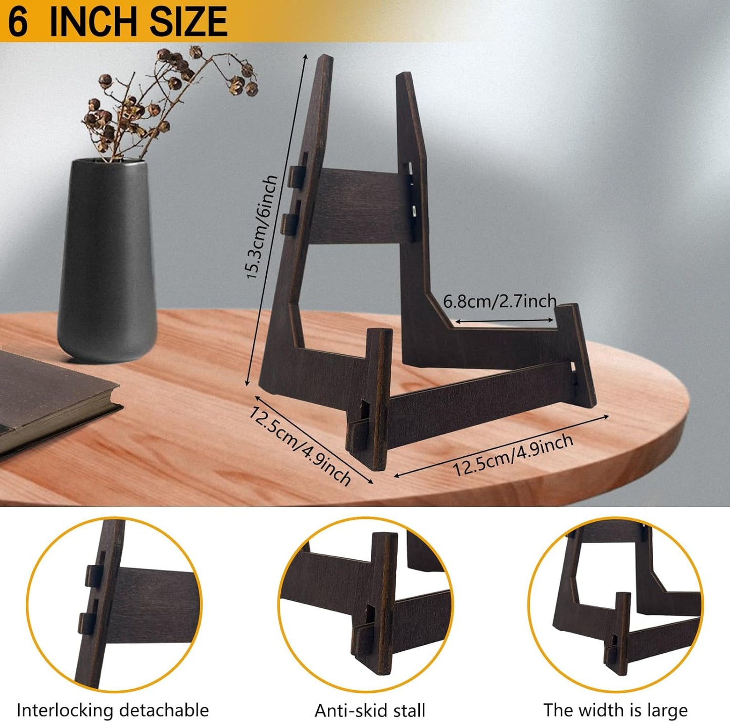 6 Inch Wooden Display Stand, Plate Holder for Picture Frame, Book, Plaque, Easel and Decorative Display (2 Pack)