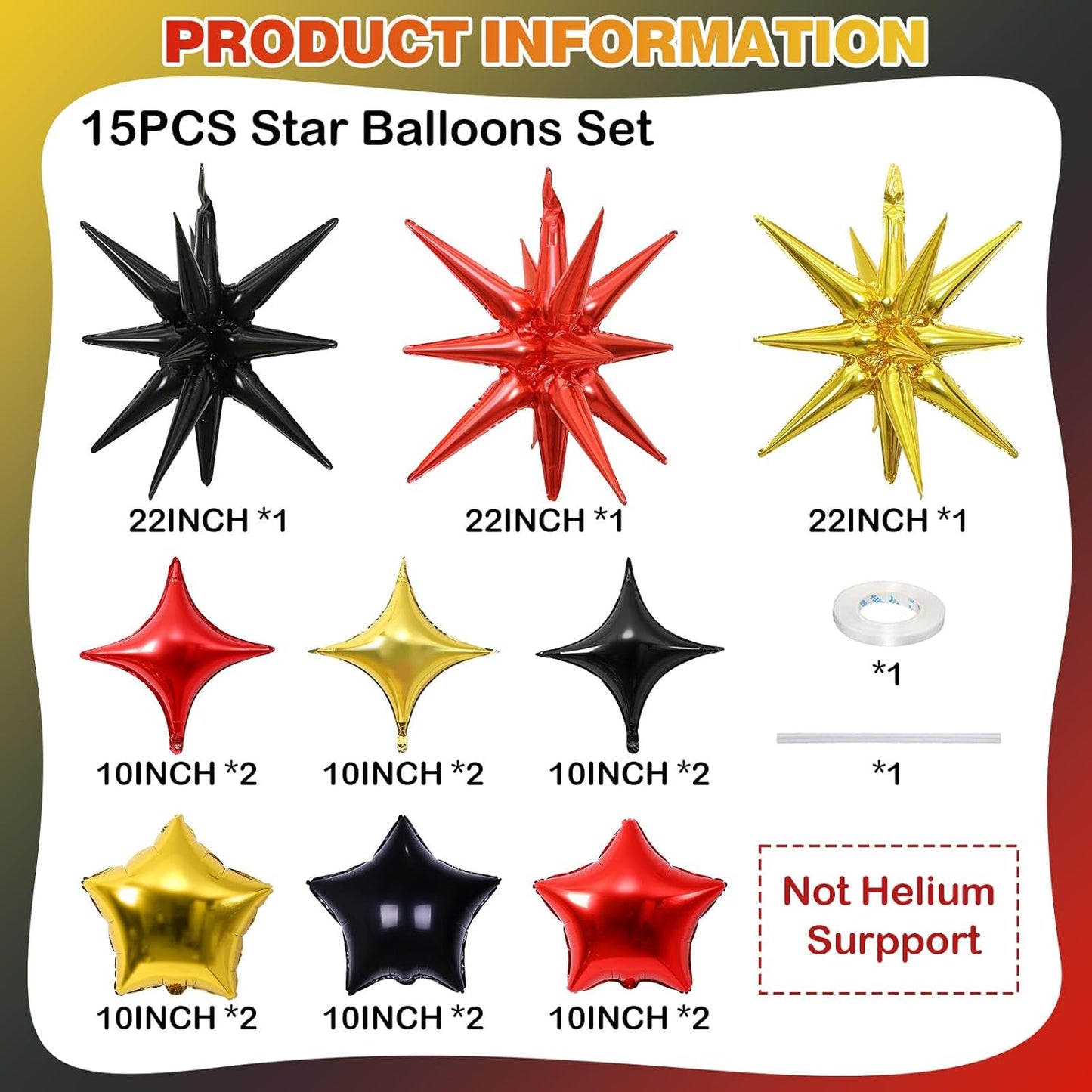 Star Balloons, 22in Red Black and Gold Star Balloons Foil 10in 4-Pointed & Pentagram Balloon for Graduation New Year Birthday Casino Movie Night Party Decorations