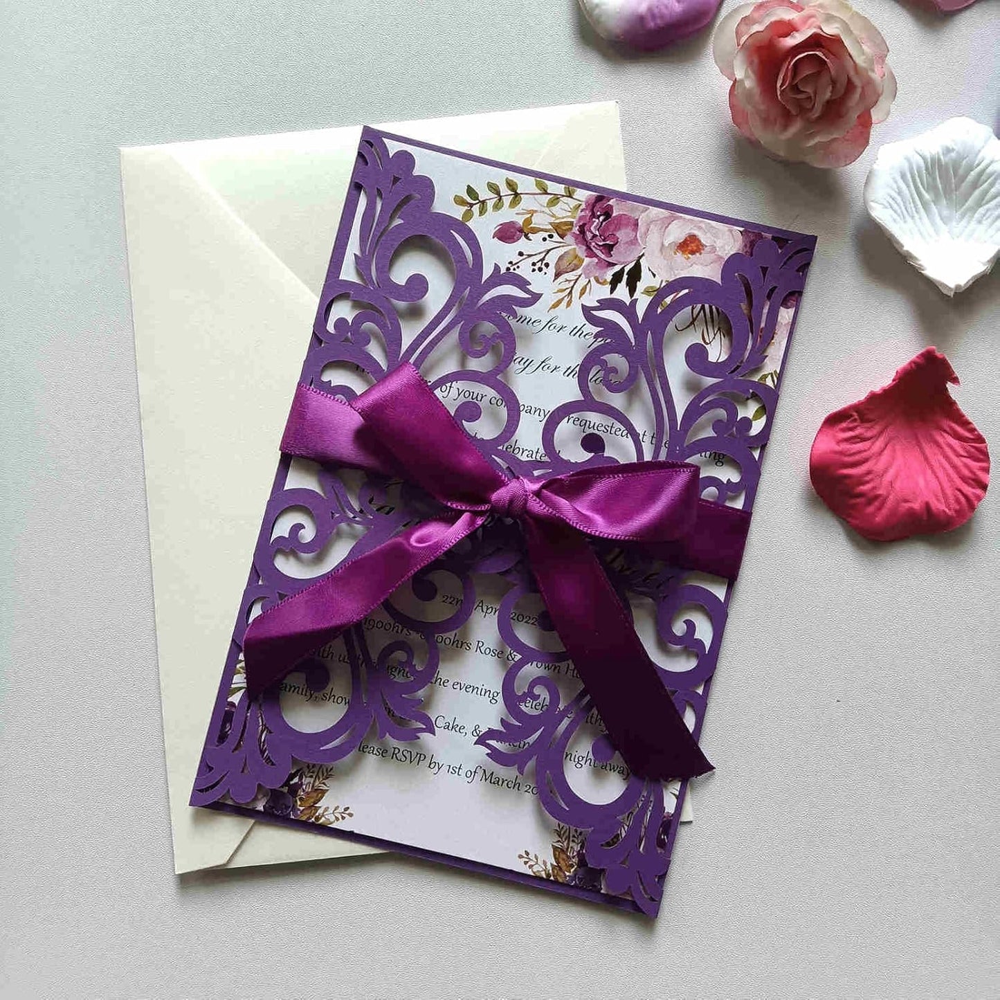 25PCS Dark Purple Laser Cut Wedding Invitations Cards with Envelopes,Blank Inner Sheets,Ribbons for Wedding Bridal Shower Quinceañera Engagement Birthday Invites