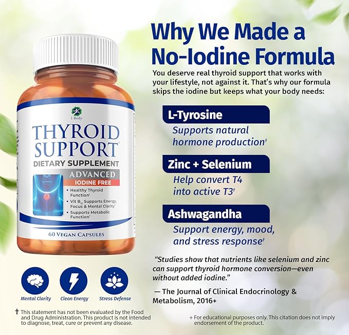 1 Body Thyroid Support Supplement, Iodine-Free, Vegan, with L-Tyrosine and Ashwagandha, 60 Capsules