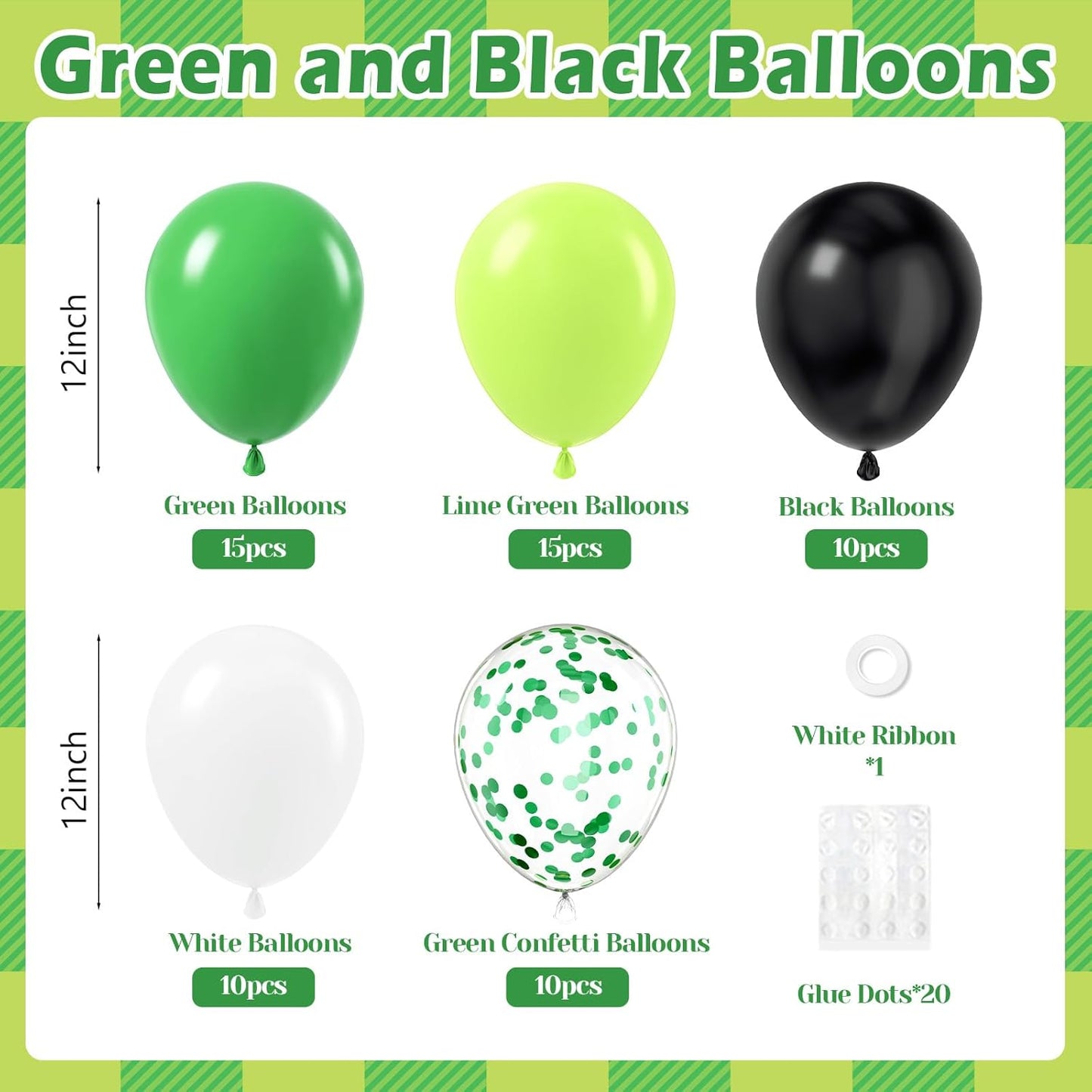 60pcs 12inch Green and Black Balloons, Black White Lime Green Confetti Balloons for Football Theme Party Baby Shower Video Game Birthday Decorations