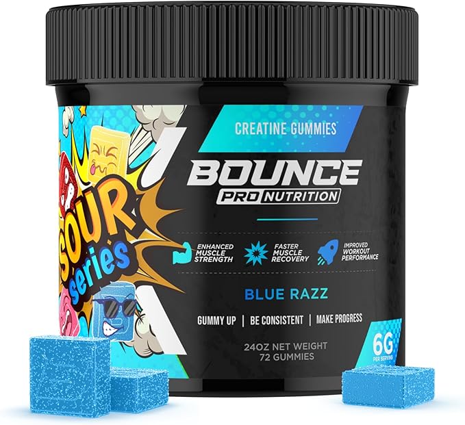 Bounce Pro Creatine Monohydrate Gummies for Men & Women, Low Calorie, 6G of Creatine per Serving, Vegan, Anti-Melting, Gluten-Free, Non-GMO, 2g of Creatine per Gummy (72ct, Blue Razz)