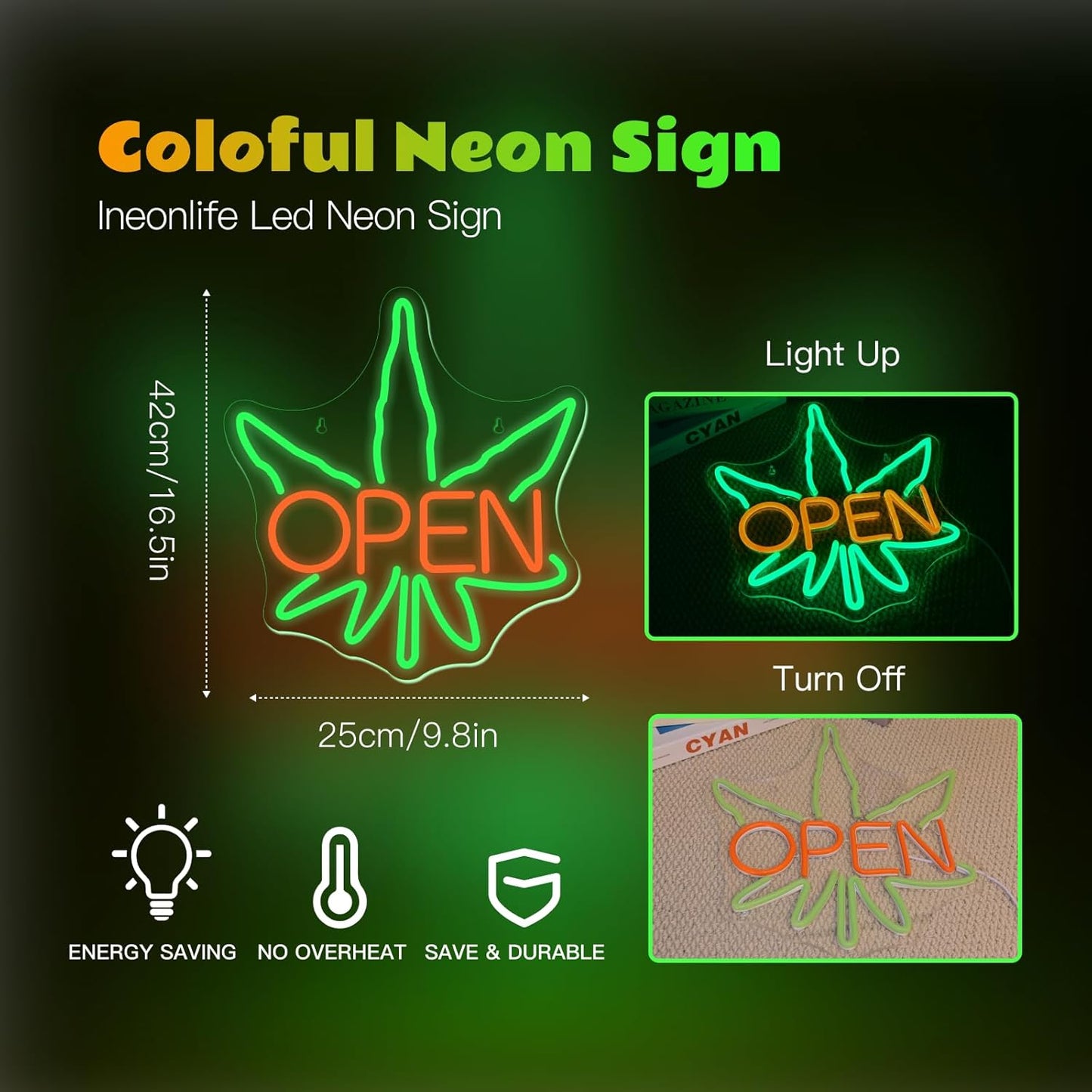 Ineonlife Green Leaves Open Neon Sign USB Dimmable Neon Signs for Wall Decor Psychedelic Led Light for Bar Club Cafe Shop Parties Window Decorations Adjustable Art Green Leaves Light