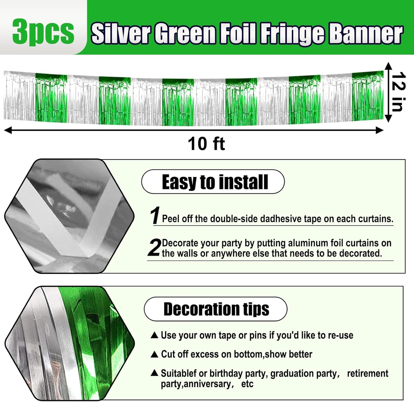 3 Pack 10 Feet Silver Green Foil Fringe Garland Metallic Tinsel Streamers Banner Wall Hanging Curtain Backdrop for Parade Floats, Mother's Day, Wedding, Graduate, Easter, Birthday Party Decorations