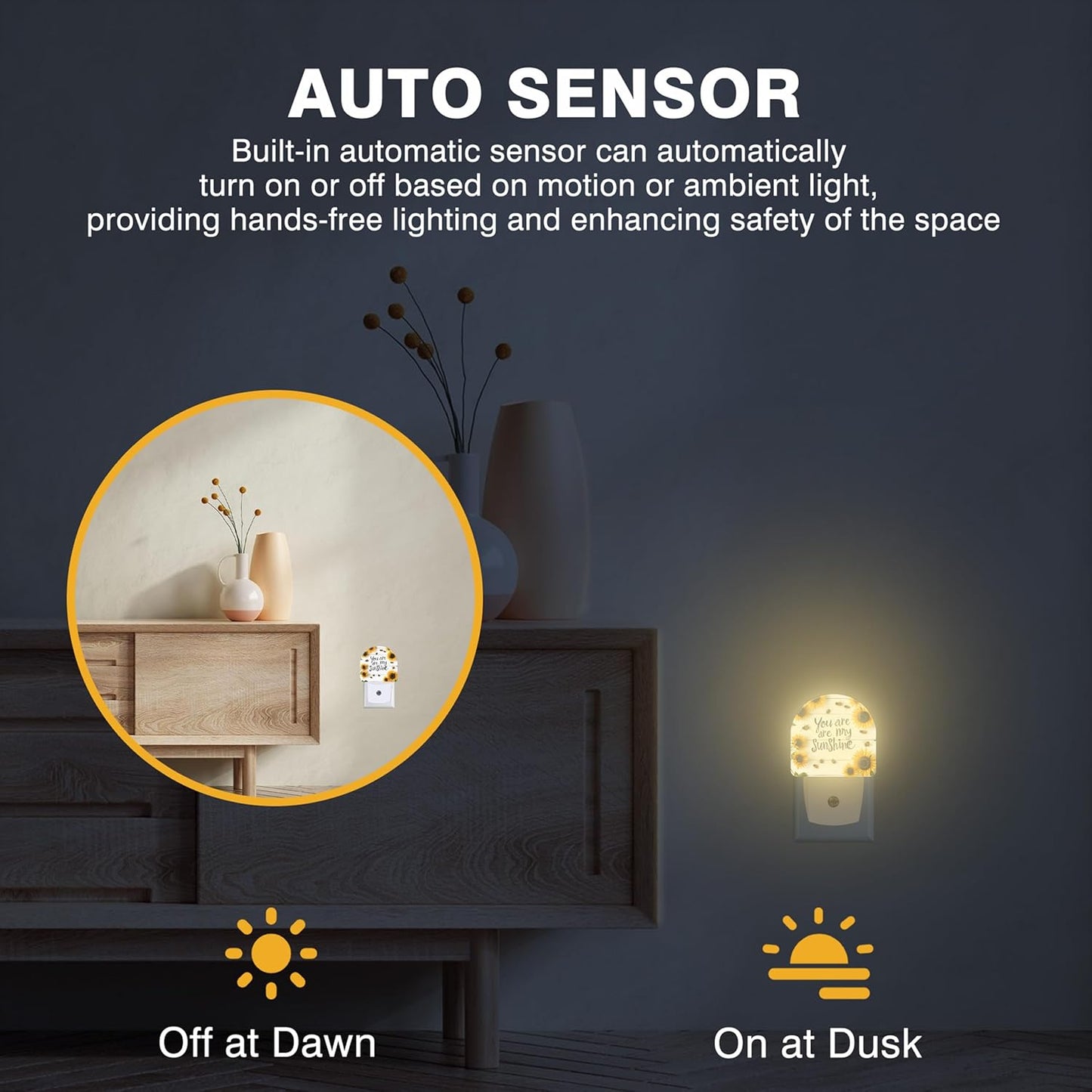 Night Lights Plug into Wall Bees and Sunflowers Night Light Dusk to Dawn Smart Sensor Decorative Round Led Lamp for Bedroom Kitchen Hallway Nightlight for Women Men