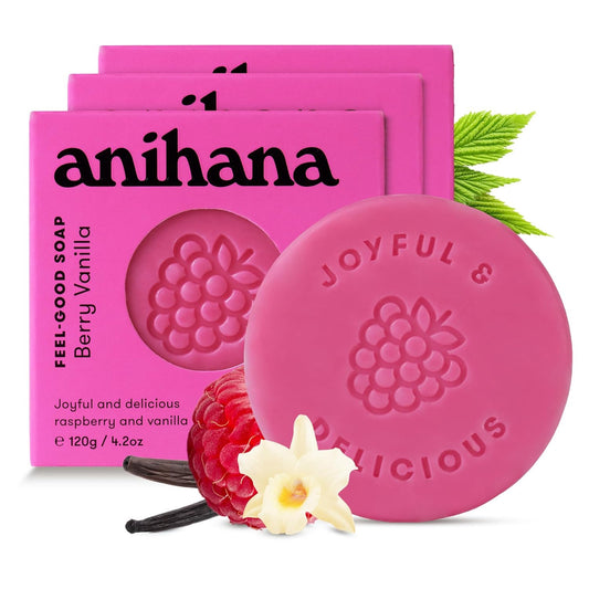 ANIHANA Feel-Good Soap 3 Pack with Coconut Oil and Shea Butter, Gentle Cleansing, Paraben Free, Cruelty Free, Refreshing Berry Vanilla Scent, 4.2 oz each
