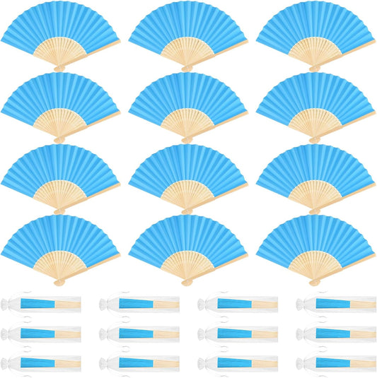 12 Pieces Blue Hand Held Bamboo Folding Fans Paper Fans Handheld for Women Foldable Girls Wedding DIY Decoration Church Home Party Favors Summer