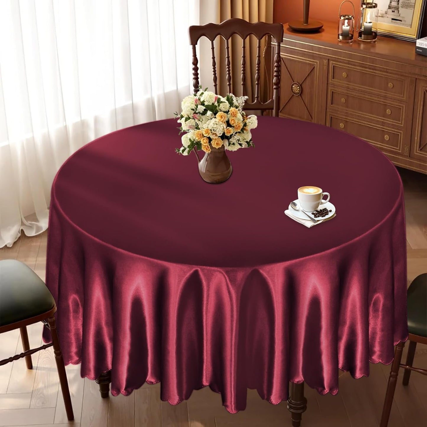 KKJIAF 1 Pack 60 Inch / 5ft Round Table Cloth, Burgundy Overlay Round Satin Table Cover, Silky Satin Dining Tablecloths for Wedding Buffet Parties Banquet Decoration