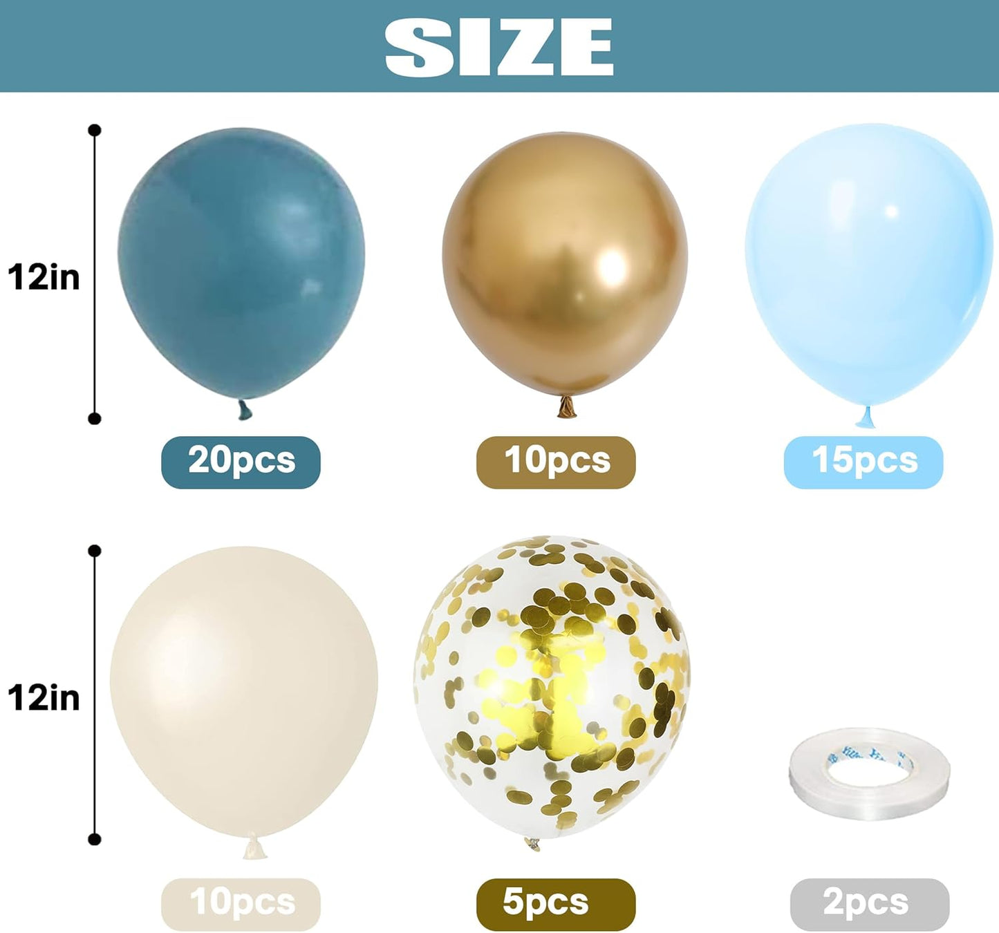 Togvu Dusty Blue Balloon Set, 60 Packs 12 Inches Metallic Chrome Gold Macaron Ocean White Sand Confetti Balloons for Boho Baby Shower Wedding Boy Birthday Graduation Decoration QQ-5023