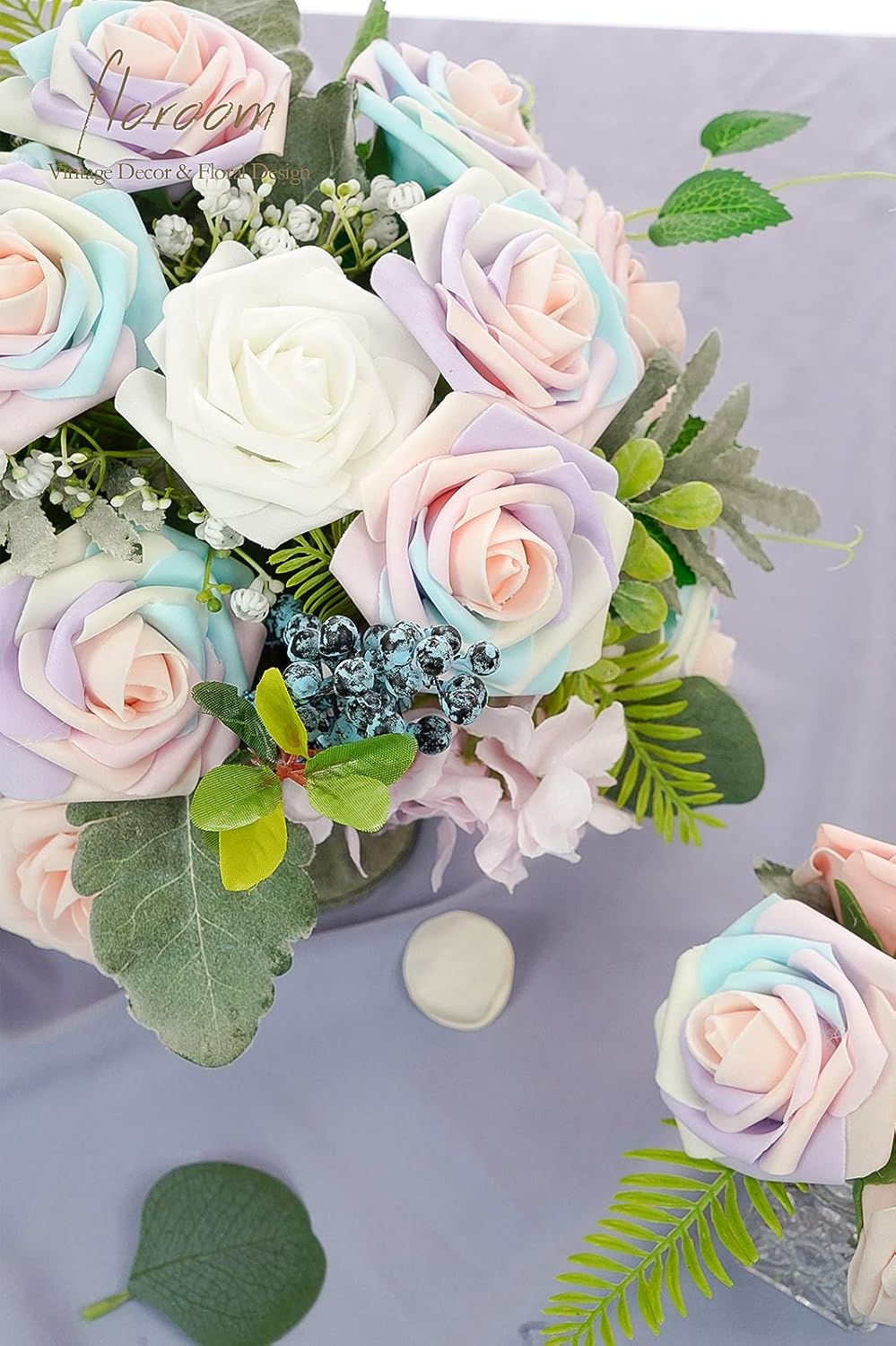 Floroom Artificial Flowers 25pcs Real Looking Whimsical Blush Foam Fake Roses with Stems for DIY Wedding Bouquets Baby Shower Centerpieces Floral Arrangements Party Tables Home Decorations