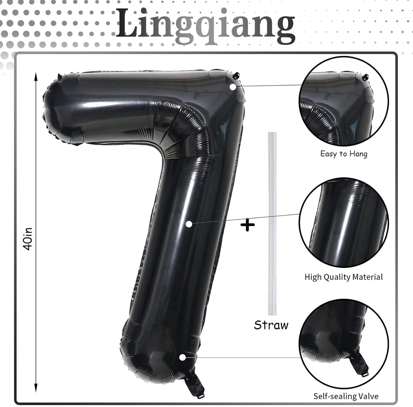 40 Inch Balloon Number 7 Black, Large Foil Number Balloons Set 0-9, Digital 7 Helium Balloons for Girls Boys Men Women 7th 17th 70th Birthday Anniversary Graduation New Year's Eve Party Decoration