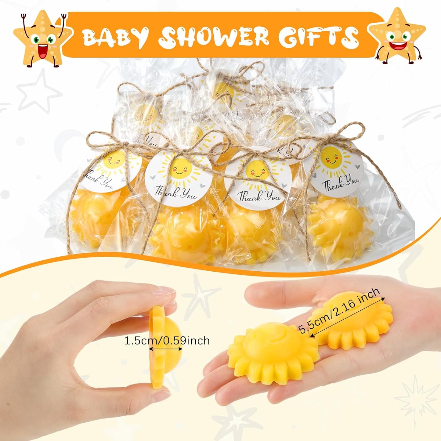 Demissle 20 Pcs Sun Soap Baby Shower Favors for Sunshine Party Here Comes the Son Baby Favors Mini Handmade Soap Gifts with Thank You Card for Guest Gender Reveal Party Decor(Yellow)