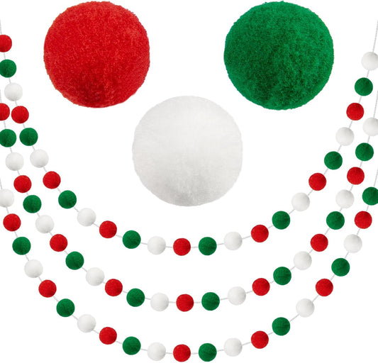 3 Pack Pom Pom Garland Colorful Felt Ball Garland Decorations, 6.5 Feet Long with 30 Balls Banner Hanging Supplies for Christmas, Parties (Red, Green & White)