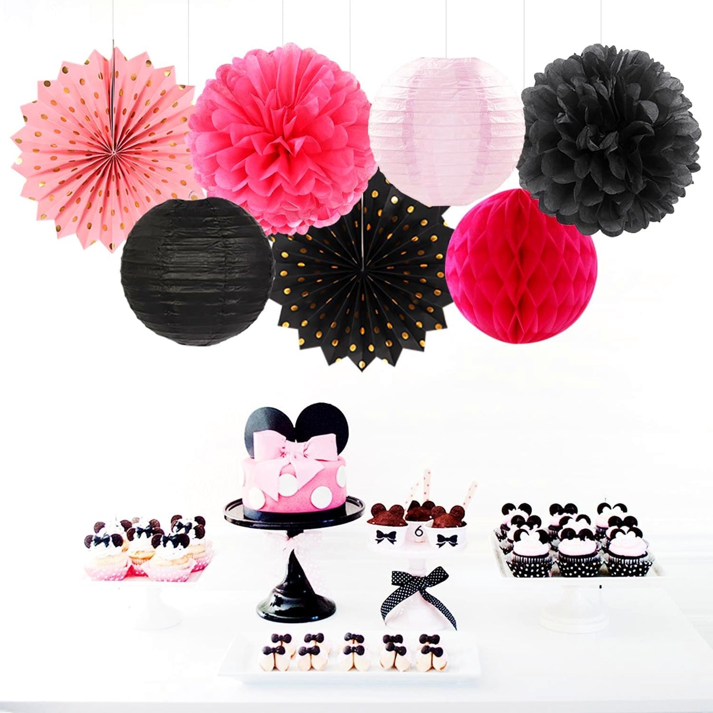 Hot-Pink Black Birthday Party-Decorations Streamers Lanterns - 14pcs Baby Girl Paper Honeycomb Fan,Tissue Pom Poms, Graduation Engagement Bachelorette Backdrop Decor Ouruola