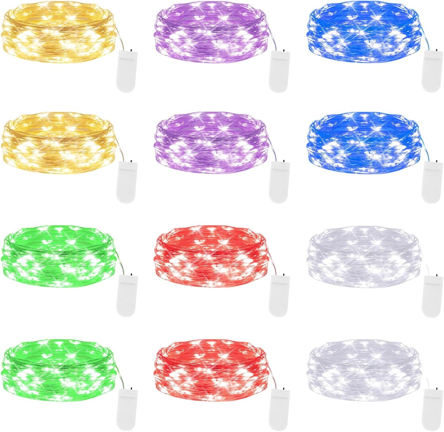 Lakumu 12 Pack Multi Color Led Fairy Lights Battery Operated - String Lights Waterproof Silver Wire 7 FT 20 Led Firefly Starry Moon Lights for DIY Christmas Decorations Mason Jar Party Wedding Decor