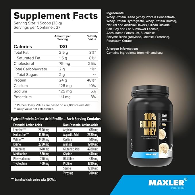 Maxler 100% Golden Whey Protein - 24g of Protein per Serving - Premium Whey Protein Powder for Pre Post Workout - Fast-Absorbing Whey Concentrate, Isolate & Hydrolysate Blend - Vanilla Ice Cream 2 lb