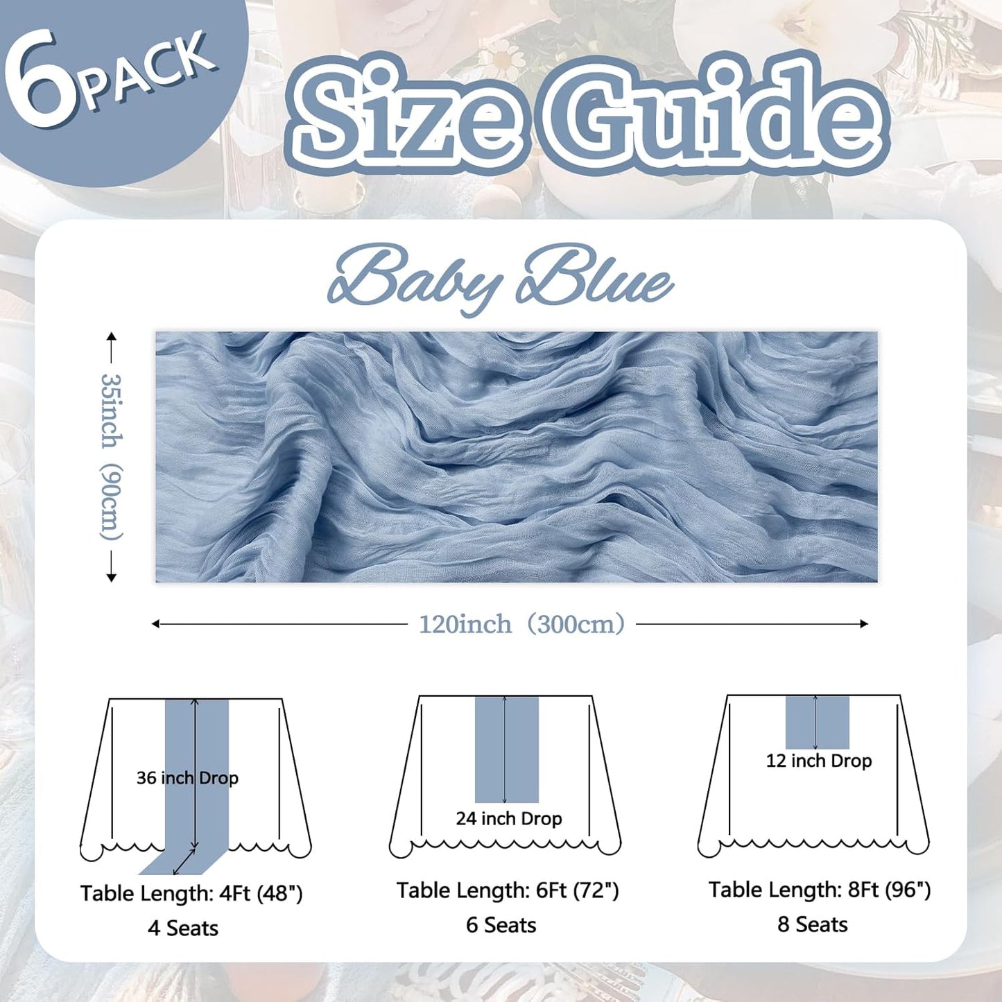 6 Pack Dusty Blue Table Runner 10ft Boho Gauze Fabric Cheesecloth Table Runner 35 x 120 Inch Rustic Sheer Runner for Wedding Decor Baby Shower Party Table Centerpiece Decorations