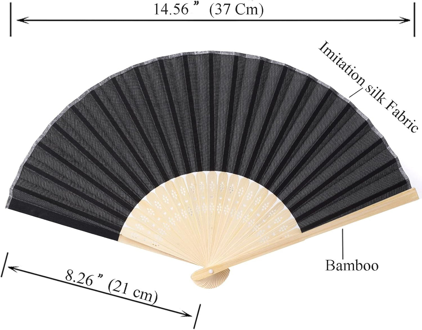 24pcs Imitated Silk Hand Fan Imitated Silk Fabric Bamboo Handheld Folded Fan Bridal Dancing Props Church Wedding Party Favors with Organza Bags (Black)