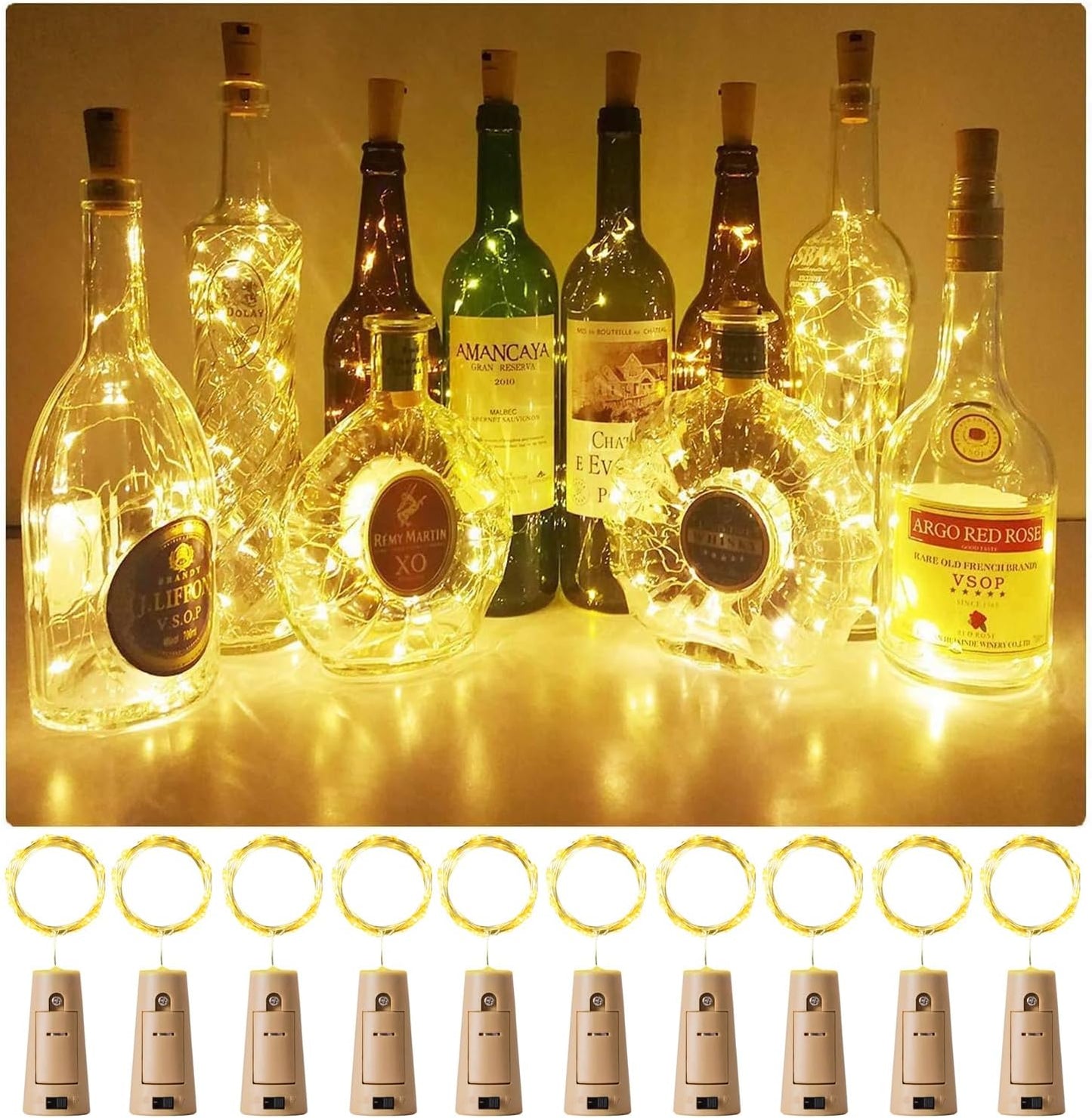 Aluan Wine Bottle Lights with Cork, Christmas Lights 10 Pack 20 LED Mini Fairy String Light, Waterproof Battery Operated Cork Lamp for Liquor Bottles Party Bar Wedding Table Decoration, Warm White